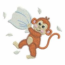 Playful monkey with brown fur and pink cheeks carries a white pillow, surrounded by falling leaves, perfect for home decor.