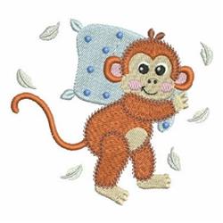 Playful monkey with orange fur holds a blue polka dot pillow, surrounded by green leaves. Ideal for children's decor.