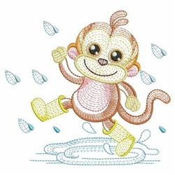 Cheerful monkey in yellow rain boots dances in a puddle, surrounded by raindrops, in a playful design.
