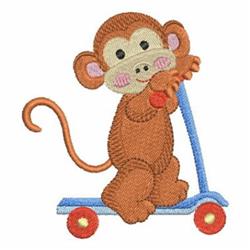 Playful monkey in applique style joyfully rides a blue scooter with red wheels, capturing a cheerful vibe.