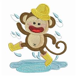 Playful monkey in yellow hat and boots splashing in blue puddle with vibrant raindrops falling around.