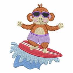 Cheerful monkey in stylish purple sunglasses rides a surfboard atop vibrant ocean waves, perfect for summer.