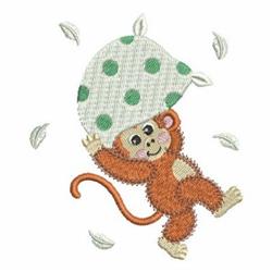 Playful monkey with orange fur holding a green polka-dotted umbrella, surrounded by light green leaves.