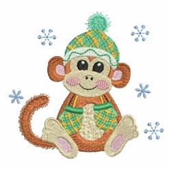 Cheerful monkey wearing a colorful winter hat, surrounded by snowflakes, perfect for kids’ winter decor.