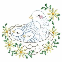 Whimsical mother bird nesting over three chicks in a cozy nest, surrounded by pastel flowers and leaves in spring.