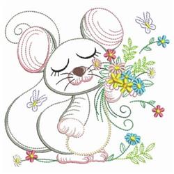 Applique mouse holding a colorful bouquet of flowers, surrounded by butterflies in a whimsical spring scene.