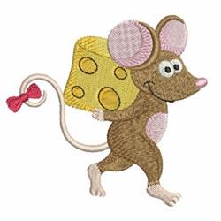Whimsical brown mouse with pink ears joyfully carries yellow cheese wedge in playful design.