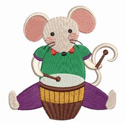 Cartoon mouse drummer wearing colorful green shirt and purple pants, energetically playing a large brown drum.