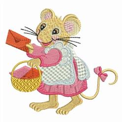 Applique mouse in a pink dress holding a red envelope and woven basket, colorful and playful design.
