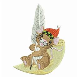 Cute mouse with colorful hat holding a feather on a yellow crescent, perfect for playful children's embroidery.