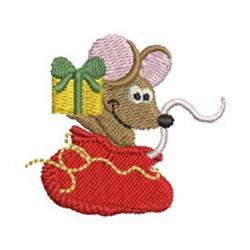 Cheerful mouse in a red stocking with a green gift box, perfect for holiday décor in a playful cartoon style.