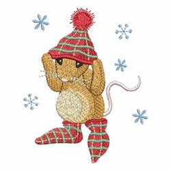 Playful mouse in a red hat and striped socks surrounded by snowflakes, perfect for winter themes.