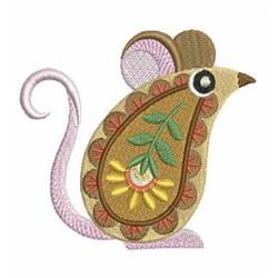 Whimsical mouse in soft browns and pastels with a swirled tail and leafy elements, perfect for machine embroidery.