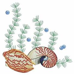 Applique nautilus shell with vivid green seaweed and playful blue bubbles, showcasing marine life details.