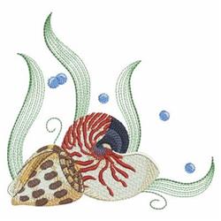 Realistic nautilus shell in soft colors, surrounded by green seaweed and blue bubbles, creating a serene underwater scene.