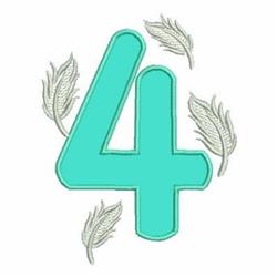 Colorful number 4 in turquoise, surrounded by soft white feathers, playful and modern style.