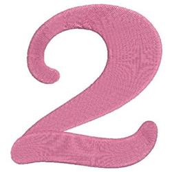 Large pink embroidered number two with soft curves and smooth stitching, perfect for playful decor.