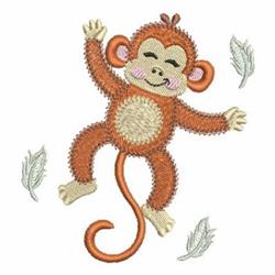 Playful orange monkey with a round belly and happy expression, surrounded by soft, light feathers.