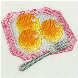 Plate of three vibrant oranges with shading, pink outline, and silver fork, perfect for cheerful kitchen decor.