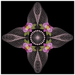 Floral design featuring four pink orchids and green leaves, enhanced by white pearls in elegant circular patterns.
