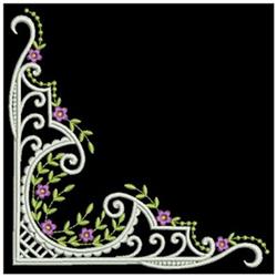 Ornamental corner design featuring elegant floral elements, swirls, and delicate lavender flowers with green leaves.