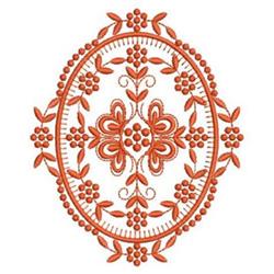 Ornamental floral design with vibrant orange blooms, detailed foliage, and embellished oval frame in traditional style.