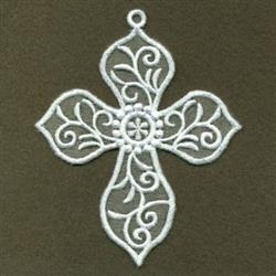 Ornate cross embroidered with floral patterns and delicate swirls, showcasing intricate craftsmanship.