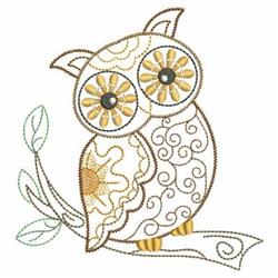Whimsical owl with patterned eyes perched on a branch, surrounded by a delicate leaf in vibrant yellow, brown, and green hues