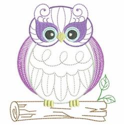 Whimsical owl in white with purple accents perched on a brown branch beside a green leaf, playful style.