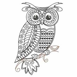 Whimsical owl perched on a branch with detailed feather patterns and a leaf accent.