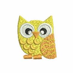 Playful cartoon owl in bright yellow with an orange wing patch and large white eyes, showcased in a colorful design.