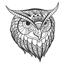 Intricate line art owl face featuring large expressive eyes and detailed feathers, ideal for decorative embroidery.