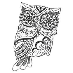 Intricate owl with large patterned eyes, detailed feathers, and geometric swirls, perfect for quilting.