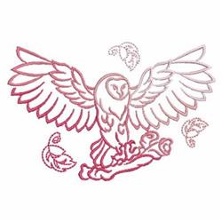 Whimsical owl with outstretched wings perched on a branch, surrounded by flowing leaves in gradient pink line art.
