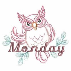 Whimsical owl in soft pink hues with large eyes, nestled among leaves and the word 'Monday' elegantly scripted.