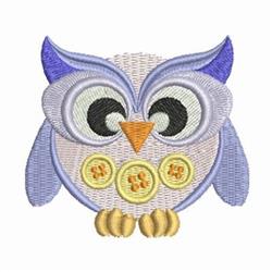 Cute owl with purple ears, large black eyes, and yellow buttons on its colorful round body, perfect for a playful design.