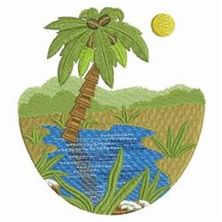 Colorful palm tree with lush green leaves leaning over a vibrant blue river under a bright yellow sun in summer.