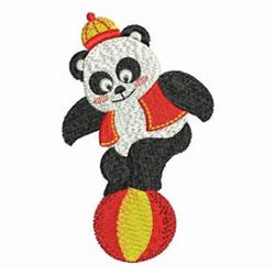 Playful panda in a colorful costume balancing on a red and yellow ball, perfect for cheerful embroidery decor.