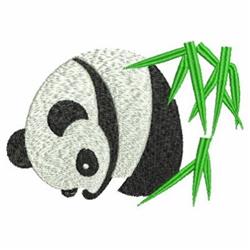 Playful panda cartoon enjoying vibrant green bamboo, featuring distinctive black and white markings, suitable for kitchen tow