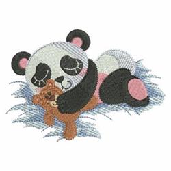 Cute panda cuddles a small bear in a grassy area, showcasing their playful bond in this adorable design.