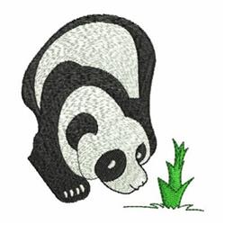 Playful panda crouched on green grass, distinct black and white coloring, whimsical cartoon style.