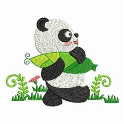 Cute panda with a green leaf, surrounded by colorful flowers and curling vines, perfect for children's projects.