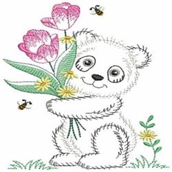 Cute panda holding pink tulips and yellow daisies, surrounded by buzzing bees in a whimsical spring scene.