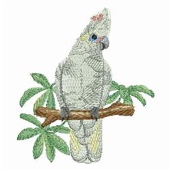 Realistic parrot with blue and pink accents perched on a brown branch, surrounded by lush green leaves.