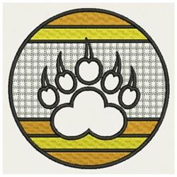 Modern paw print in bold outline, centered in a circle, against vibrant yellow and orange bands.