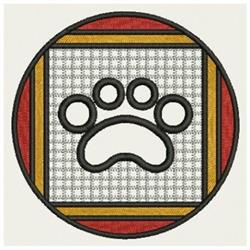 Bold paw print centered in a circular frame with vibrant red and yellow borders on a checkered background.