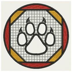 Vibrant paw print with a circular border in red, yellow, and neutrals on a checkered background, perfect for animal lovers.