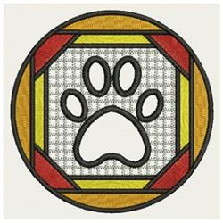Bold paw print in black outlined, framed by an octagonal shape with vibrant red, yellow, and black accents.