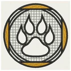 Modern paw print outlined in black with a golden circular ring, set against a light textured background.