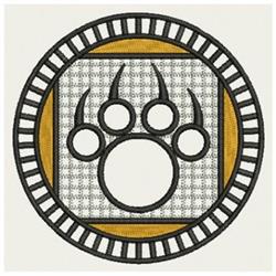 Paw print in a circular frame with black and gold tones, featuring geometric patterns and a modern graphic style.